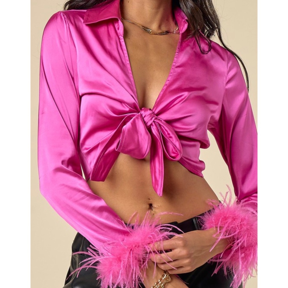 Studio 54 style hot pink tie over wrap cropped blouse w/ feather fluffy sleeves